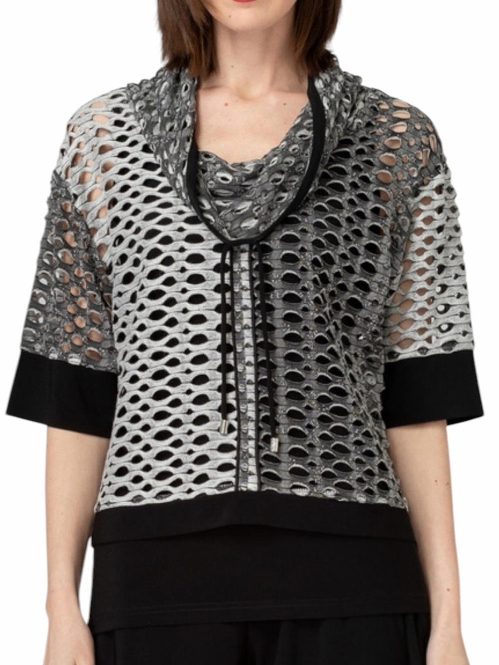 Joseph Ribkoff Open Knit Cowl Neck Top Black Gray Colorblock Size 8